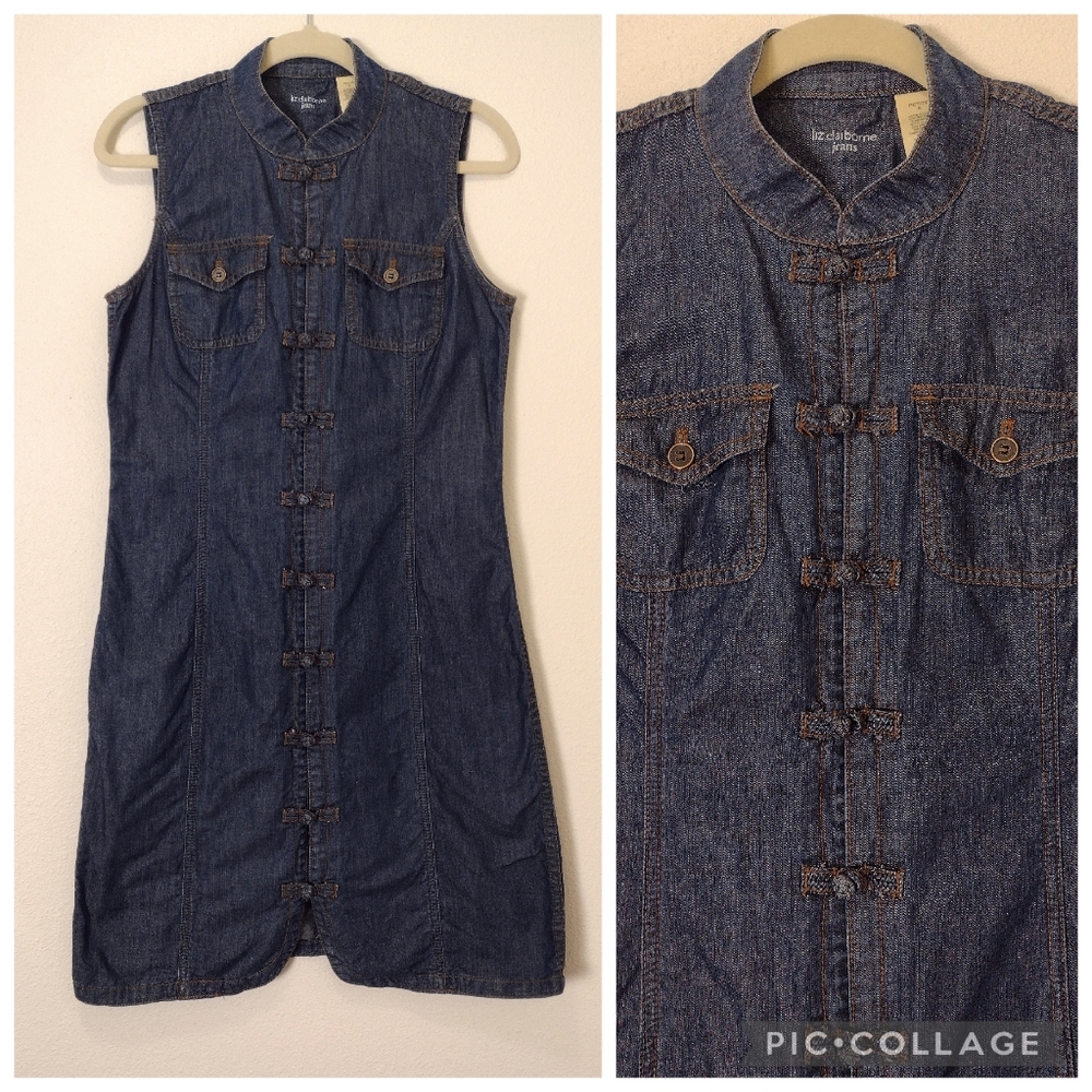 Liz Claiborne Blue Chambray Denim Mandarin Collar Knot Button Sleeveless Dress